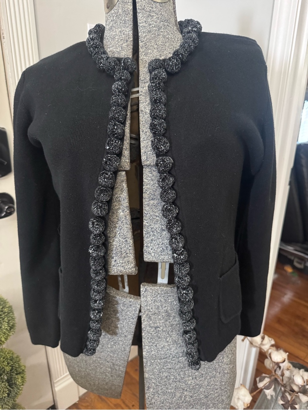 Women’s Talbots Black Knit Cardigan Decorative Pom Pom Trim Petite Small